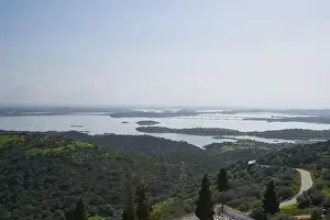 Alqueva Prints: Alentejo drone aerial view of the landscape at sunset with alqueva dam reservoir
