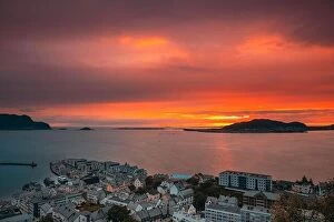 Images Dated 20th June 2019: Alesund, Norway. Amazing Natural Bright Dramatic Sky In Warm Colours Above Alesund Valderoya And