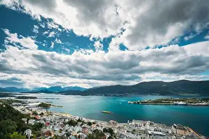Alesund, Norway. Amazing Natural Bright Sunset Dramatic Sky In Warm Colours Above Alesund Islands. Famous Norwegian Landmark And Popular Destination
