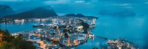 Alesund Prints: Alesund, Norway - June 21, 2019: Night View Of Alesund Skyline Cityscape