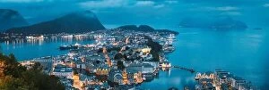 Images Dated 21st June 2019: Alesund, Norway. Night View Of Alesund Skyline Cityscape. Historical Center In Summer Evening