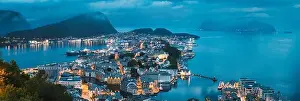 Alesund, Norway. Night View Of Alesund Skyline Cityscape. Historical Center In Summer Evening. Famous Norwegian Landmark And Popular Destination. Ale