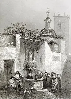 Alicante Prints: ALICANTE. FUENTE DE SANTA MARIA. DIBUJO DE ROUARGE. GRABADO SIGLO XIX