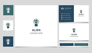 Telescope Prints: Alien logo design with editable slogan. Branding book and business card template