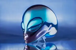 Outer Prints: alien metal head statue on blue background on the table