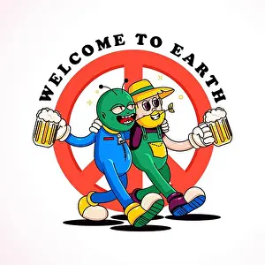 Farmers Prints: Aliens and humans partying. Perfect for logos, mascots, t-shirts, stickers and posters