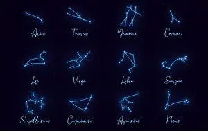 All Zodiac Constellation Signs With Names And Stars On The Background - 3D Illustration