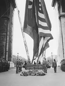 Arc De Triomphe Prints: Five Allied flags at the famous Arc de Triomphe in Paris (May 8, 1945)
