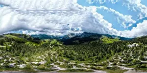 Spherical Prints: Alpine 360-degree panoramic view from drone, summer day
