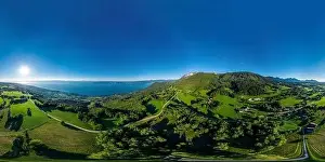Lac Leman Prints: Alpine 360-degree panoramic view from drone, summer day