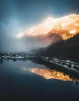Mere Prints: Alpine lake Grundlsee aerial view in Winter - Austria
