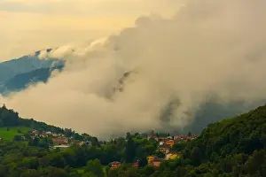 Swiss Culture Prints: Alpine Village Novaggio in the Clouds with Mountain View in Ticino, Switzerland