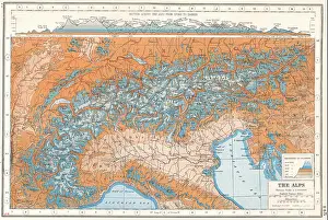 Scale Prints: THE ALPS:Europe.Section from Lyons-Zagreb. France Italy Switzerland &c, 1920 map