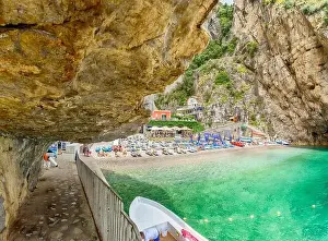 Sorrento Prints: Amalfi, Italy - June 22, 2019: Landscape with amazing Marina di Praia beach at famous amalfi coast