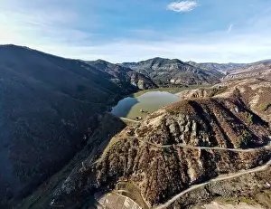 Amazing Aerial panorama of Borovitsa Reservoir at Rhodope Mountains, Bulgaria