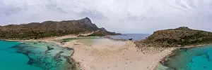 Amazing aerial panoramic view on the famous Balos beach in Balos lagoon and pirate island Gramvousa