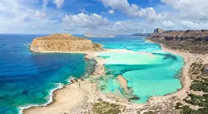 Amazing aerial view of Balos lagoon beach and Gramvousa island on Crete, Greece