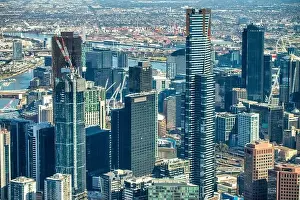 Amazing aerial view of Melbourne Downtown skyline on a beautiful sunny day. View from helicopter, Australia
