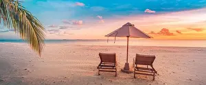 Amazing beach. Chairs on the sandy beach sea. Luxury summer holiday and vacation resort hotel for tourism. Inspirational tropical landscape. Tranquil