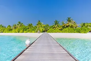 Amazing beach landscape, long jetty into the palm trees. Maldives, paradise beach background, design banner. Luxury vacation and holiday concept