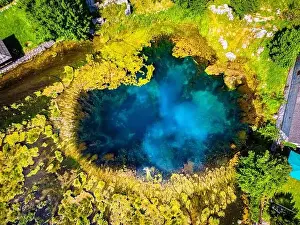 Mountain Spring Prints: Amazing Gacka river source photographed with drone from above located in Majerovo Vrilo