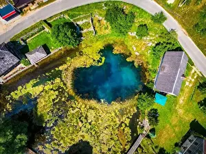 Amazing Gacka river source photographed with drone from above located in Majerovo Vrilo, Croatia
