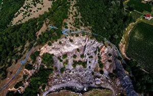 Amazing geologichal park with cliffs and lookout tower in aerial view
