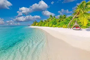 Amazing island beach. Tropical landscape of summer scenery, white sand with palm trees. Luxury travel vacation destination. Exotic beach landscape