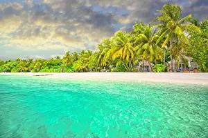 Amazing island beach. Tropical landscape of summer scenery, white sand with palm trees. Luxury travel vacation destination. Exotic beach landscape