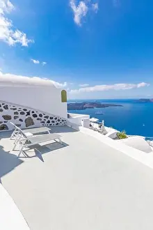 Amazing landscape of Fira, white architecture caldera view Santorini, Greece, cruise ships. Blue sky, wonderful summer mood, sunny vacation, holiday
