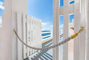 Amazing landscape of Fira, white architecture caldera view Santorini, Greece, cruise ships. Blue sky, wonderful summer mood, sunny vacation, holiday
