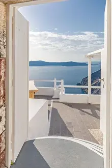 Amazing landscape of Fira, white architecture caldera view Santorini, Greece, cruise ships. Blue sky, wonderful summer mood, sunny vacation, holiday
