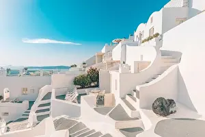 Amazing landscape of Fira, white architecture caldera view Santorini, Greece, cruise ships. Blue sky, wonderful summer mood, sunny vacation, holiday