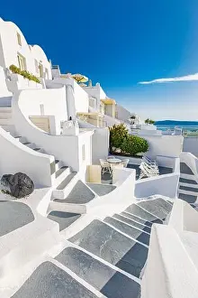 Amazing landscape of Fira, white architecture caldera view Santorini, Greece, cruise ships. Blue sky, wonderful summer mood, sunny vacation, holiday