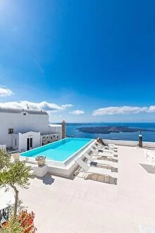 Images Dated 9th October 2019: Amazing landscape, infinity pool caldera view Santorini, Greece with cruise ships