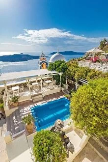 Images Dated 11th October 2019: Amazing landscape, infinity pool caldera view Santorini, Greece with cruise ships
