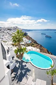 Amazing landscape, infinity pool caldera view Santorini, Greece with cruise ships. Blue sky wonderful summer scenery travel vacation, holiday. Inspire
