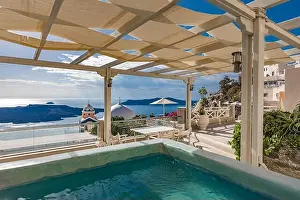 Amazing landscape, infinity pool caldera view Santorini, Greece with cruise ships. Blue sky wonderful summer scenery travel vacation, holiday. Inspire