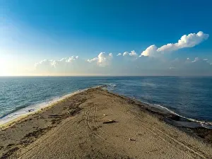 Amazing late afternoon summer aerial view of northern tip of Block Island, RI near North Lighthouse. August 2023