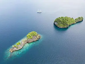 Amazing limestone islands rise from the calm seascape around Misool, Raja Ampat, Indonesia. This tropical region harbors amazing marine biodiversity