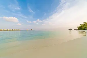 Sun Umbrella Prints: Amazing Maldives scenery, water villas and beach umbrella with palm trees