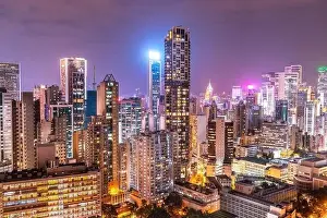 Aerial View Lights Prints: The amazing night and sunset view of cityscape and skyscrapers in Hong-Kong
