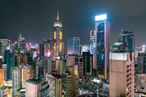 The amazing night and sunset view of cityscape and skyscrapers in Hong-Kong