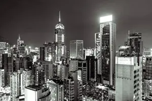 The amazing night and sunset view of cityscape and skyscrapers in Hong-Kong