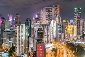 The amazing night and sunset view of cityscape and skyscrapers in Hong-Kong