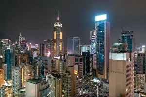 The amazing night and sunset view of cityscape and skyscrapers in Hong-Kong