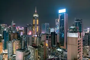 The amazing night and sunset view of cityscape and skyscrapers in Hong-Kong