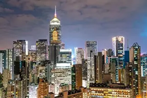 The amazing night and sunset view of cityscape and skyscrapers in Hong-Kong