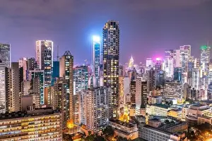 The amazing night and sunset view of cityscape and skyscrapers in Hong-Kong