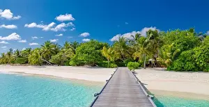Amazing panorama at Maldives. Luxury resort villas seascape with palm trees, white sand and blue sky. Beautiful summer landscape. Amazing beach scenic